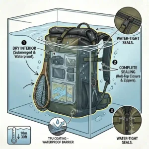 An illustration demonstrating the TPU coating and airtight zippers keeping a waterproof fishing backpack dry under heavy rain.