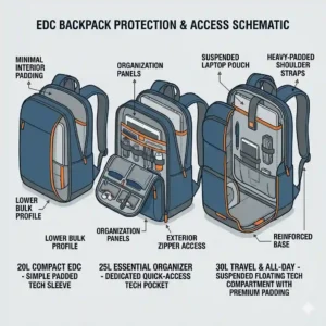 A cross-section illustration of a protective, suspended laptop sleeve inside the best edc backpack highlighting padded shock-absorbing material.