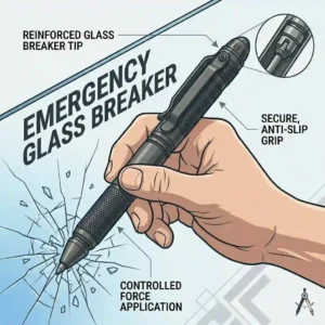 An illustration demonstrating how to use the best tactical pen emergency glass breaker feature to safely shatter a car window.