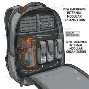Internal view of a ccw backpack showing hook-and-loop lining with an attached holster and spare magazine pouches.