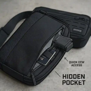Illustration highlighting the concealed carry compartment and quick-access back pocket on an edc sling bag.