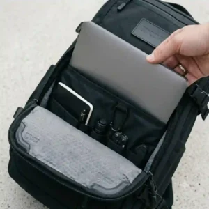 A side-access padded laptop compartment on an edc carry backpack with a modern laptop being slid inside.
