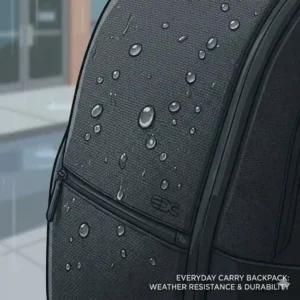 Water droplets beading up on the water-resistant exterior fabric of a durable everyday carry backpack.