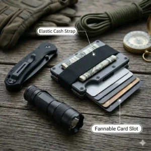A functional demonstration of a slim tactical wallet holding five stacked credit cards and cash secured by its elastic band.