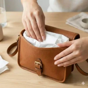 Plain white tissue paper being stuffed inside a wet purse to help it hold its shape while drying.