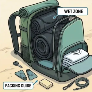 A top-down illustration of a surf backpack surrounded by neatly organized surf gear, wax, fins, and a towel.