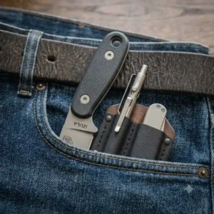 A small fixed blade edc knife inside a leather pocket organizer slipping smoothly into a pair of denim jeans.