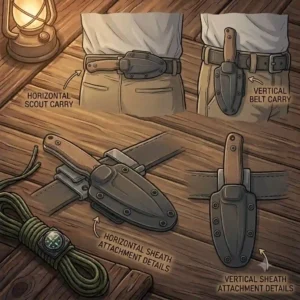 Line art illustration showing horizontal scout carry and vertical belt carry positions for compact edc fixed blade knives.