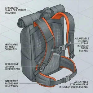 A detailed graphic highlighting the ergonomic shoulder straps and breathable back padding on a roll backpack.