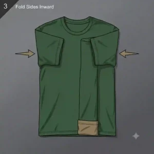 Folding the left and right sides of the shirt inward into thirds to create a straight vertical column for the rucksack roll.