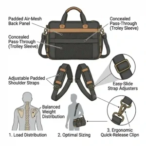 A detailed infographic illustration showing the adjustable, padded shoulder straps and ergonomic air-mesh back panel of the third day bag.