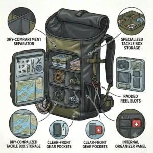 A cross-section illustration of a waterproof fishing backpack filled with tackle boxes, reels, and gear.