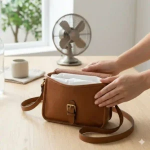 A wet purse resting flat on a clean surface in a ventilated indoor room away from direct sunlight.