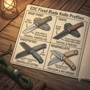 Infographic comparing popular blade shapes for edc fixed blade knives including drop point, tanto, and sheepsfoot.