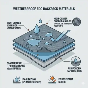 An infographic detailing premium weatherproof materials used in the best edc backpack construction, showing water droplets repelling off the fabric.