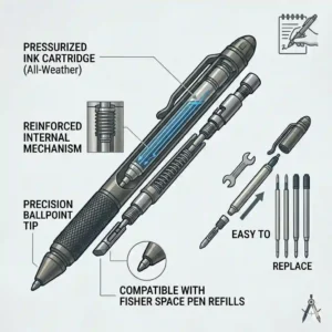 Disassembled view of the best tactical pen on a desk, highlighting its pressurized ink cartridge capable of writing in all conditions.