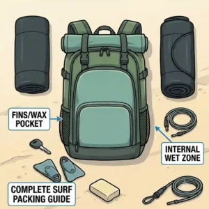 Illustration showing the heavy-duty, water-resistant TPU material and reinforced stitching of a quality surf backpack.