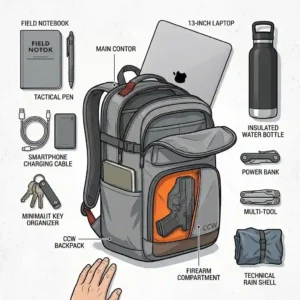 A flat-lay layout of a ccw backpack surrounded by everyday carry items, including a laptop, water bottle, and notebook.