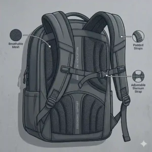 The back panel and breathable mesh shoulder straps of an ergonomic everyday carry backpack.