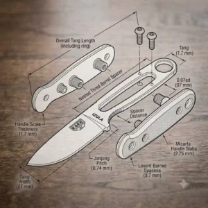 A diagram illustrating the anatomy of a fixed blade edc knife, pointing out the full tang construction, jimping, and micarta handle scale.