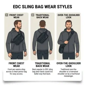Infographic demonstrating how to wear an edc sling bag on the chest, back, or shoulder.