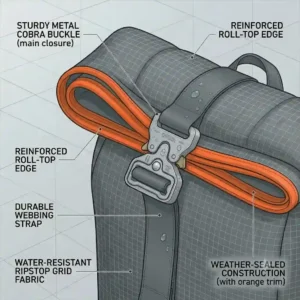 An illustration focusing on the sturdy buckle and strap mechanism used to secure a roll backpack.