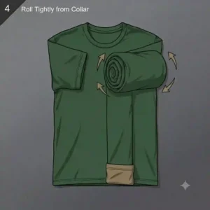 Rolling the clothing tightly from the collar down toward the inverted bottom cuff to form a rucksack roll.