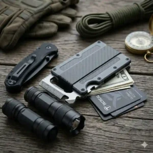 A macro shot illustrating the specific multi-tool capabilities of a heavy-duty tactical wallet, including a bottle opener and wrench.