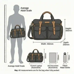 A clean scale comparison graphic showing the third day bag's physical dimensions next to a human silhouette and common everyday items.