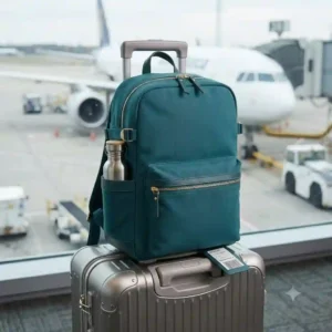 A compact teal backpack resting on top of a rolling suitcase at an airport terminal departure gate.