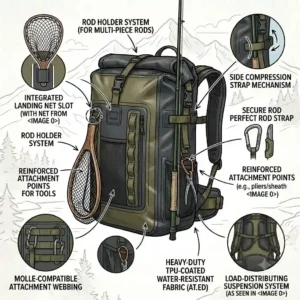 An illustration highlighting the integrated fishing rod holder and MOLLE webbing on a waterproof fishing backpack.