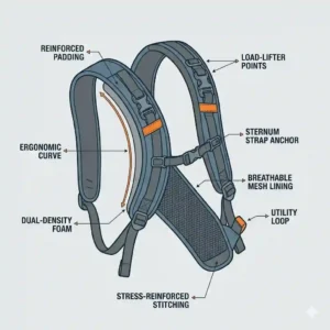 A technical graphic illustrating the ergonomic shoulder straps, sternum strap, and breathable mesh back panel of the best edc backpack.