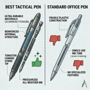 A side-by-side comparison chart contrasting the best tactical pen durability features against a fragile plastic office pen.