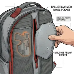 Illustration showing a ballistic body armor plate sliding into the rear pocket of a heavy-duty ccw backpack.