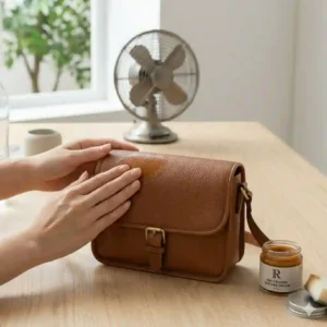 Applying a restorative leather cream conditioner onto a previously wet purse to prevent stiffening.