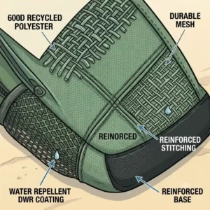 Close-up illustration of the padded shoulder straps and breathable back panel on a comfortable surf backpack.
