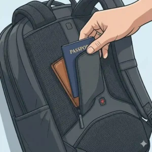 A hand slipping a passport and wallet into a hidden anti-theft pocket on an everyday carry backpack.