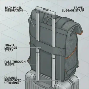 A vector graphic demonstrating a roll backpack secured onto a rolling suitcase handle using its luggage strap.