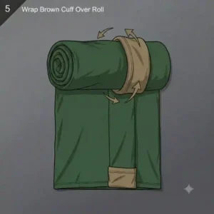 Pulling the inside-out bottom cuff over the tightly rolled fabric to secure the rucksack roll.