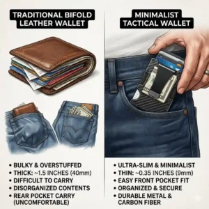 A visual comparison showing how neatly a slim tactical wallet fits inside a front jeans pocket compared to a bulky leather bifold.