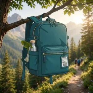 A close-up of a durable teal backpack hanging from a tree branch alongside a scenic mountain hiking trail.