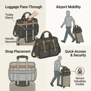 A multi-panel infographic illustrating how to use the third day bag's travel trolley sleeve and luggage pass-through features at the airport.