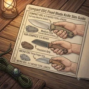 Vector illustration showing the scale of compact edc fixed blade knives compared to an average adult hand.