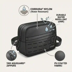 Illustration demonstrating the water-resistant fabric and durable zippers of a weatherproof edc sling bag.