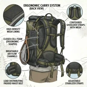 An illustration of the breathable padded shoulder straps and lumbar support system on a waterproof fishing backpack.