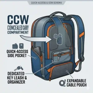 An illustration highlighting external quick-access pockets and a hidden side pocket on the best edc backpack for keys, wallets, and daily items.