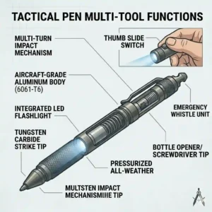 An illustrated breakdown of the integrated multi-tool features included in the best tactical pen like an LED flashlight and whistle.