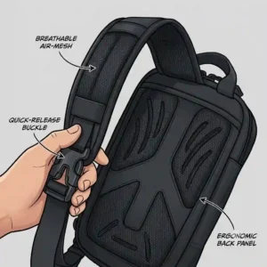 Close-up illustration of a comfortable edc sling bag strap with a quick-release buckle and breathable mesh padding.
