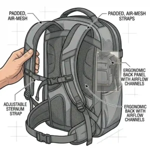Side view highlighting the padded shoulder straps and breathable mesh back panel of an everyday ccw backpack.
