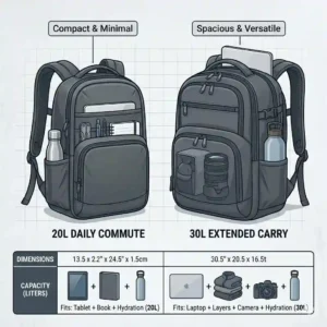 A side-by-side capacity size comparison infographic showing 20-liter and 30-liter everyday carry backpack models.